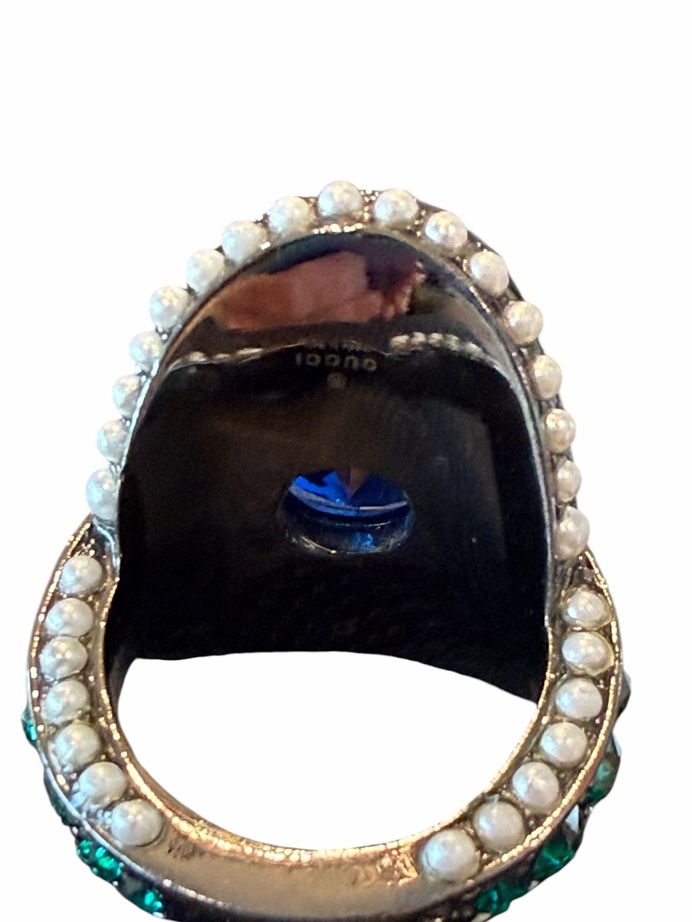 Gucci Green Pavé and Blue Center Gem Ring with Pearl Trim - Picture 11 of 12